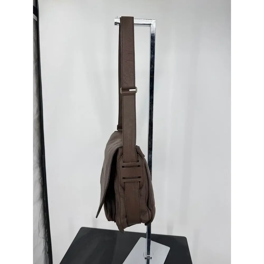 Burberry Men Brown Pebbled Leather Messenger Bag Crossbody Nova Check Lined Flap